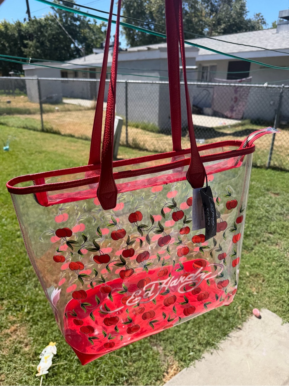 Ed Hardy Clear Tote with Red Cherry Print and Red Trim